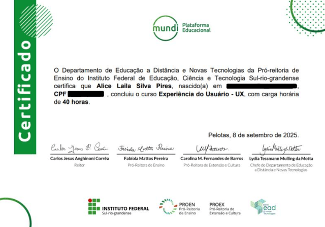 Visualização do certificado do curso de experiência do usuário do Instituto Rio Grandense - IFSul