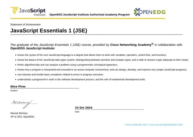 Certificado de finalização do curso de JavaScript I da plataforma Cisco NetAcad