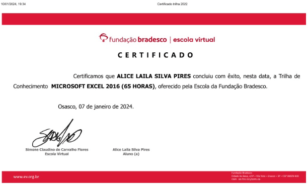 Visualização do certificado do curso de Excel da fundação Bradesco