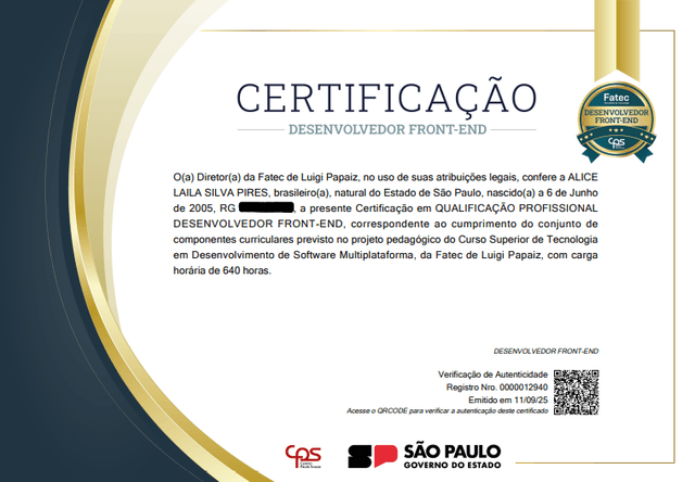 Certificado e badge de finalização profissionalizante em desenvolvimento Front-end pelo Centro Paula Souza - Fatec