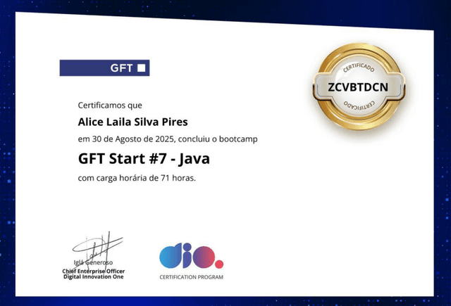 Certificado do Bootcamp de Java - DIO e empresa GFT