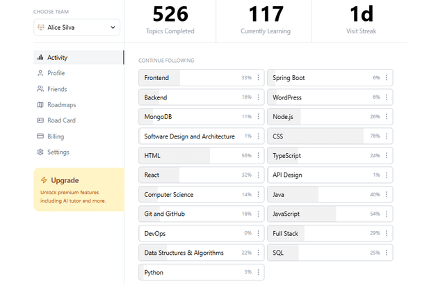 Visualização das habilidades em progresso na plataforma roadmap.sh